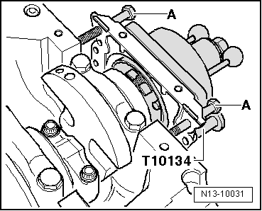 Montagevorrichtung -T10134- mit Dichtflansch auf dem Kurbelwellenflansch befestigen