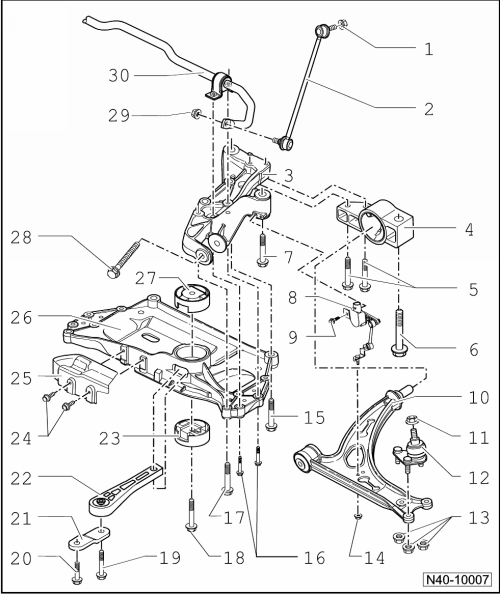 Montageübersicht: Aggregateträger, Stabilisator, Achslenker