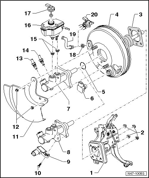 Montageübersicht: Bremskraftverstärker/Hauptbremszylinder bis KW 22/08, Linkslenker