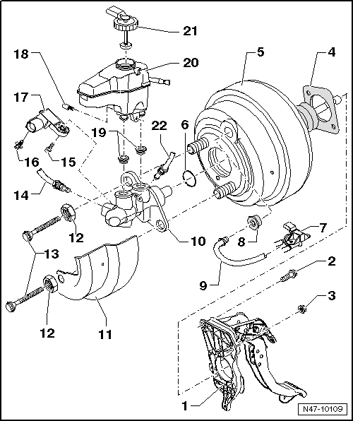 Montageübersicht: Bremskraftverstärker/Hauptbremszylinder, Rechtslenker