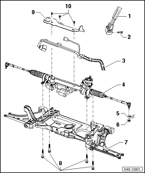 Montageübersicht für elektromechanisches Lenkgetriebe, Linkslenker (Generation 1 und 2) bis Modelljahr 2008