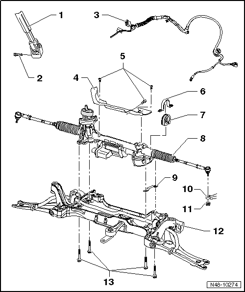 Montageübersicht für elektro-mechanisches Lenkgetriebe, Rechtslenker (Generation 2) bis Modelljahr 2008