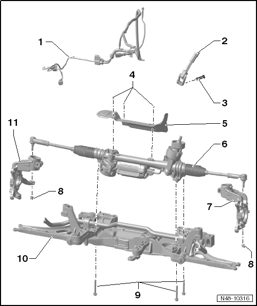 Montageübersicht für elektro-mechanisches Lenkgetriebe, Linkslenker (Generation 3) Modelljahr 2009 bis Modelljahr 2010