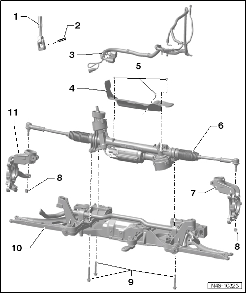 Montageübersicht für elektromechanisches Lenkgetriebe, Rechtslenker (Generation 3) ab Modelljahr 2009